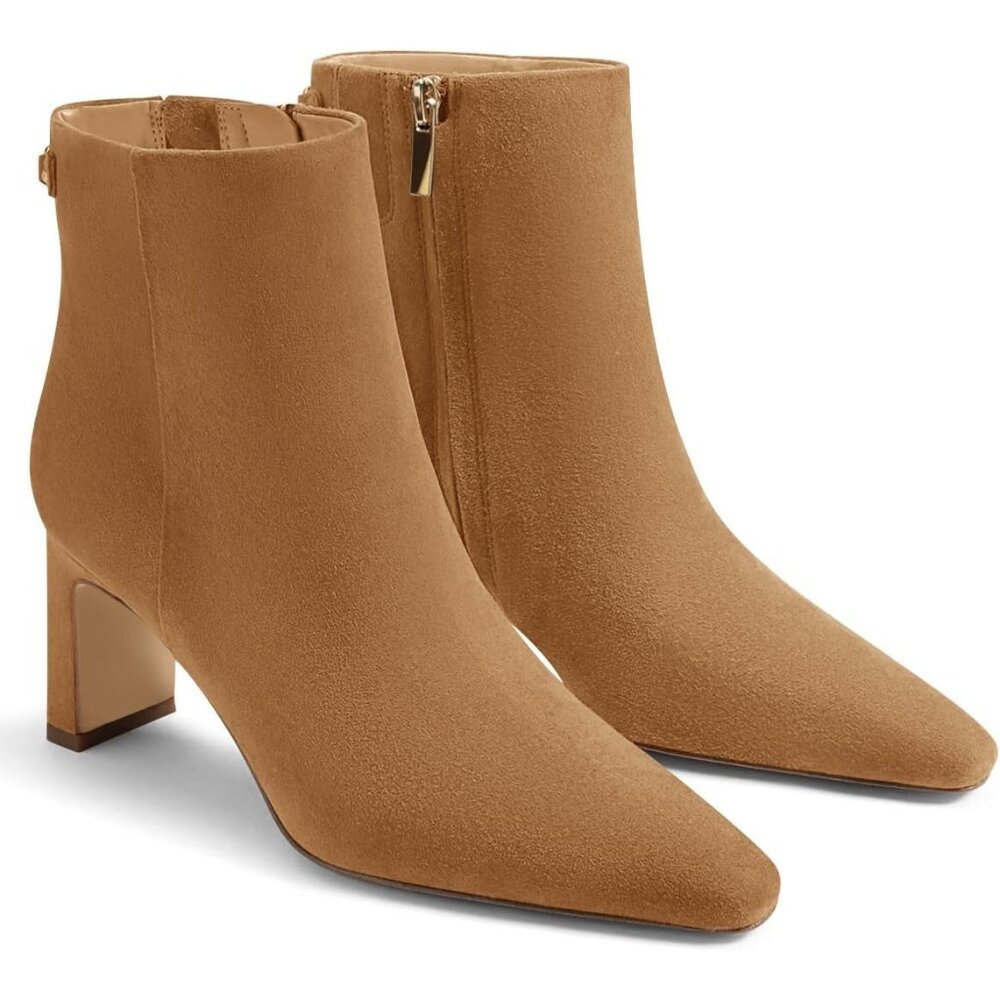 Women's Brown Ankle Boots Chunky Heel Closed Toe Booties Side Zipper Win